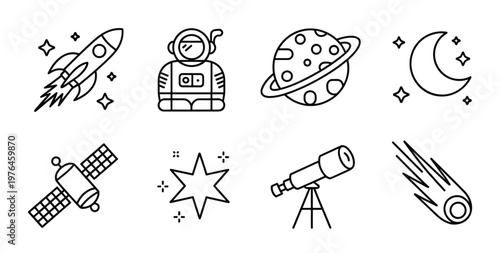 Set of eight black and white space themed featuring a rocket astronaut planet crescent moon satellite star telescope and a comet on a plain white background