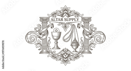 Vintage Altar Supply Emblem with Chalice, Censer, and Rosary Beads