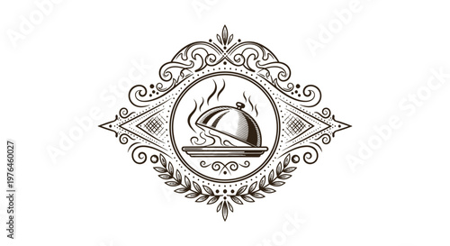 Vintage Engraved Food Cloche Emblem with Steam, Restaurant Logo Design Element