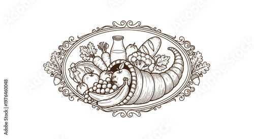Vintage Cornucopia Illustration: Abundant Harvest of Fruits, Vegetables, and Bread