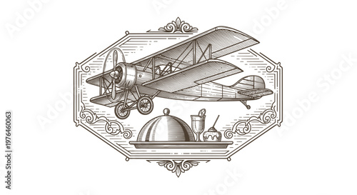 Vintage Biplane with Food Cloche and Dessert, Retro Engraved Emblem