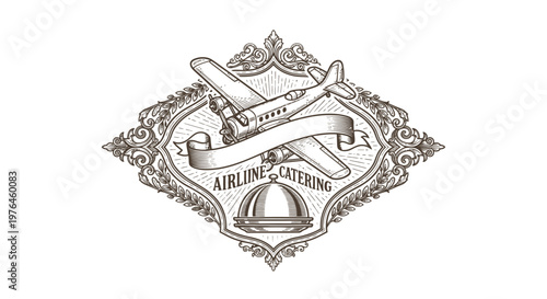 Vintage Airline Catering Logo with Airplane, Food Dome, and Ornate Frame