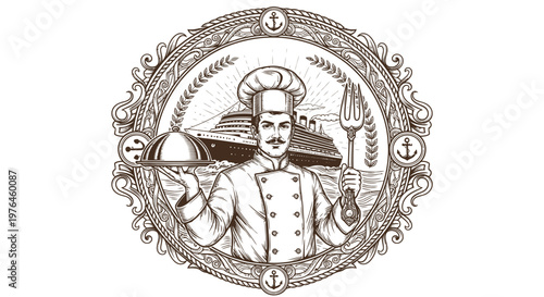 Vintage Chef with Cruise Ship and Food Service, Engraved Emblem