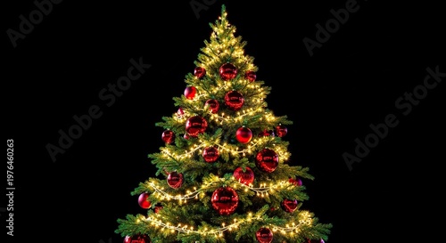 A majestic evergreen tree adorned with sparkling golden fairy lights and shiny red ornaments glows against a solid black background, dark, night, luxury