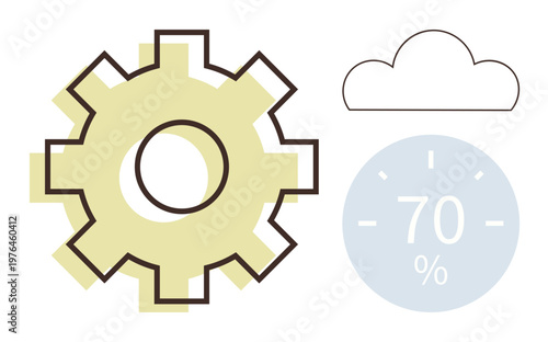 Data processing, cloud computing, automation, progress tracking, engineering concepts, analytics. Yellow gear, cloud outline and circular percentage graphic. Data processing and cloud computing