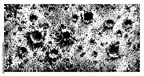 Moon surface with craters and impact holes in detailed woodcut style