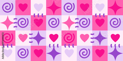 Kawaii patchwork plaid pattern with hearts, swirls, sparkles, crowns, and checker blocks in pink, purple, and white. Seamless pastel background for fabric, wallpaper, wrapping paper, and apparel uses.