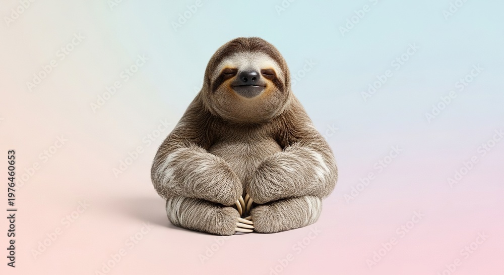 Fototapeta premium A peaceful sloth sits in a meditative pose with closed eyes against a soft pastel background under professional studio lighting for zen, wellness, simple, peaceful