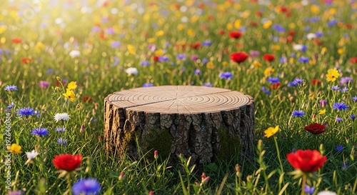A natural wooden stump serves as a rustic podium set amidst a vibrant meadow of blooming wildflowers under a soft and golden summer sunlight, spring, meadow, beauty