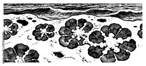 Explosions and smoke plumes on sandy shoreline by ocean waves in detailed vintage engraving style
