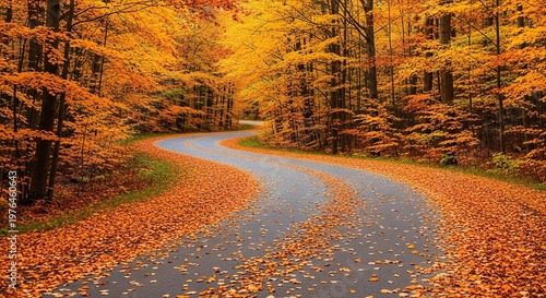 A peaceful deserted road winds through a vibrant forest of golden autumn trees, with fallen orange leaves covering the asphalt surface, trees, empty, scenery.