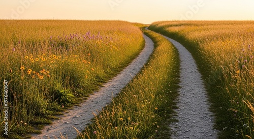 A peaceful path winds through golden summer fields as the warm evening sun glows softly over tall swaying grasses and wild meadow flowers, nature, atmosphere, warm