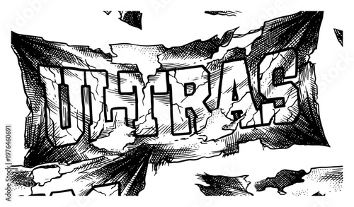 Ultras word in cracked block letters on tattered banner grunge style