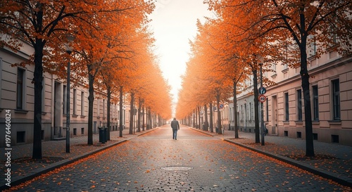 A quiet urban street stretches into the distance, lined with vibrant orange trees and fallen leaves under a soft morning autumn light, city, perspective, seasons