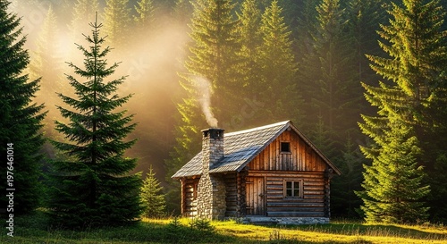A rustic wooden cabin sits nestled deep within a dense evergreen forest as morning mist drifts through the tall pines and sunlight glows, mist, woods, roof