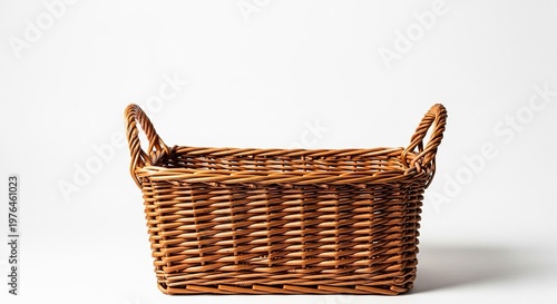 A rustic handwoven wicker basket featuring sturdy side handles sits neatly against a clean, seamless white background for a minimalist look, accessory, interior, woven
