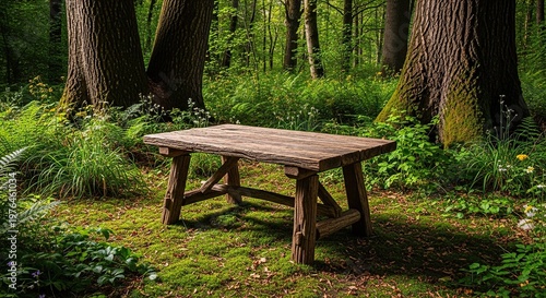 A rustic wooden table stands quietly in the heart of a lush dense forest, surrounded by tall ancient trees and vibrant green undergrowth, leaves, secluded, ferns