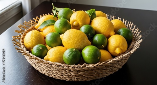 A rustic woven basket filled with fresh, bright yellow lemons and vibrant green limes sitting on a dark wooden tabletop in natural light, green, vegetarian, texture