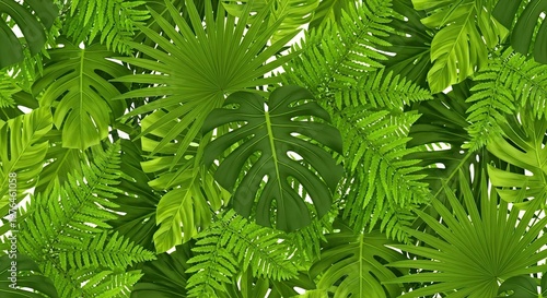 A seamless pattern of vibrant green tropical leaves overlapping in a dense forest canopy, creating a lush and natural repeating texture, palm, emerald, botanical