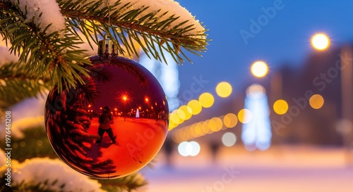 A shiny red ornament hangs from a green pine branch, featuring soft glowing street lights and a warm, festive holiday atmosphere at night, outdoor, street, tradition