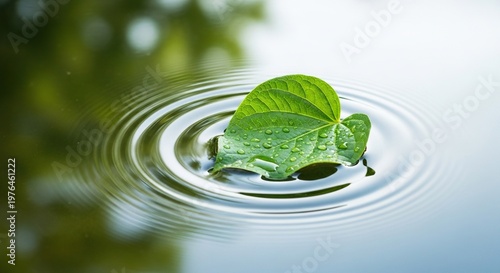 A single fresh green leaf touches the mirror-like surface of a still pond, sending out delicate rings of movement in a quiet outdoor scene, floating, zen, biology