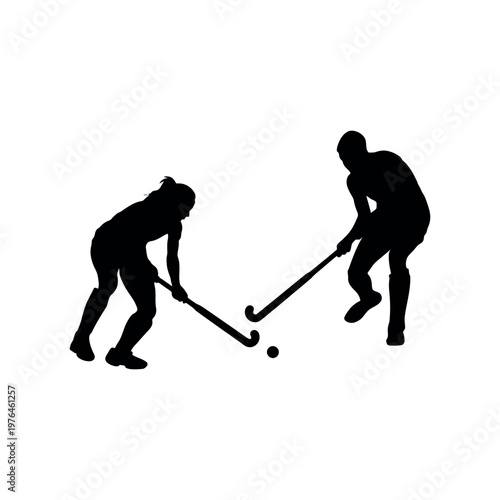 Two field hockey players compete isolated on white background