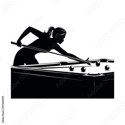 Silhouette of a woman playing pool isolated on white background