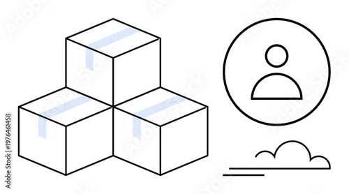 Logistics, e-commerce, shipping services, cloud storage, inventory management, user profiles. Three stacked boxes with tape and a user profile icon. Logistics and e-commerce concept