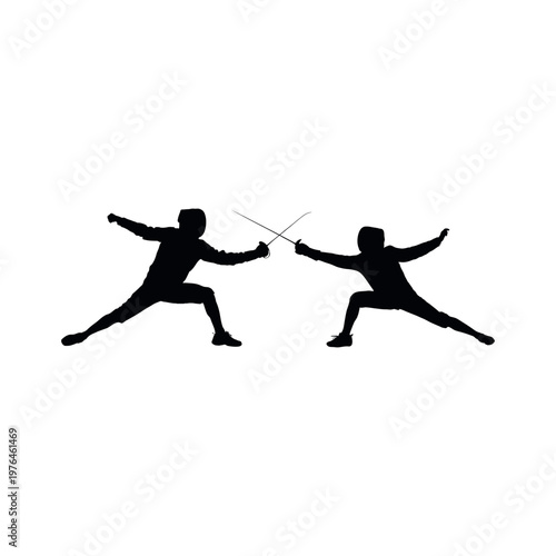 Silhouette of two fencers isolated on white background