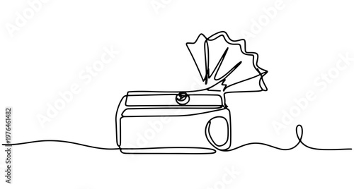 Minimal continuous line art of a pencil sharpener with spiral of shavings, symbol of creativity, learning, writing, and artistic process