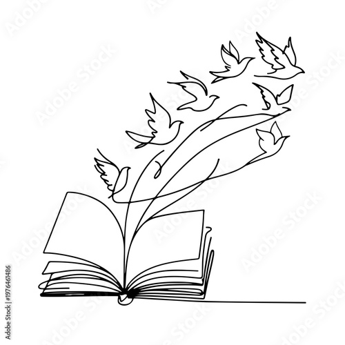 Continuous line illustration of a book whose pages turn into birds, poetic metaphor of knowledge, imagination, and freedom