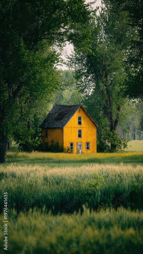 Obraz premium Yellow Barn House Surrounded by Lush Green Trees