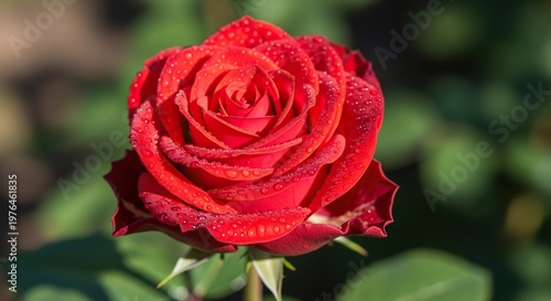 A stunning close-up of a vibrant red rose in full bloom, featuring glistening morning dew drops on soft velvety petals in natural light, pink, detail, sparkle