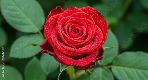 A stunning close-up of a vibrant red rose in full bloom, adorned with fresh morning dew drops on velvet petals and lush green leaves, scent, fresh, wallpaper