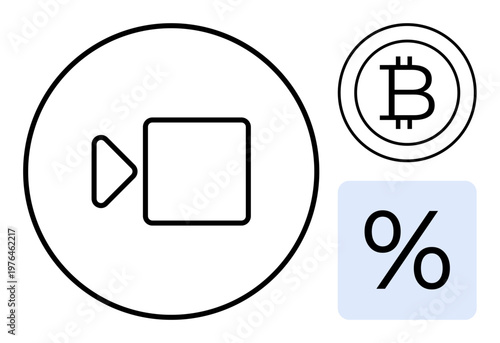 Digital finance, online communication, cryptocurrency, financial analysis, modern business, graphic concepts. Includes video symbol, Bitcoin logo percentage icon. Cryptocurrency and digital finance