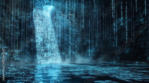 Digital waterfall made of binary code matrix rain cascading down