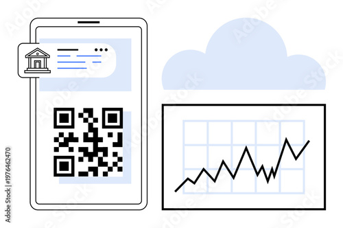 Mobile finance, QR code scanning, banking, data analytics, cloud storage, digital transactions. Smartphone showing a QR code and bank icon near a graph and cloud. Mobile finance and QR code scanning