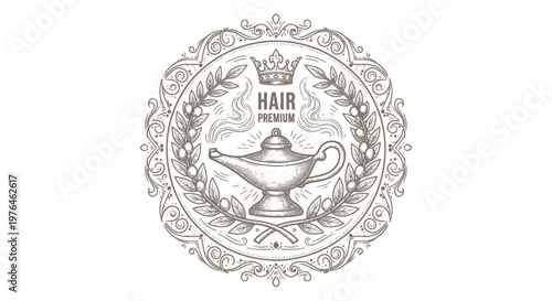 Vintage Engraved Magic Lamp Emblem with Crown and Laurel Wreath - Premium Hair Product Logo