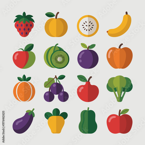 Flat Vector Fruit and Vegetable Icons Illustration