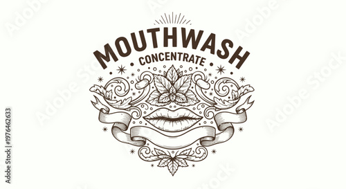 Vintage Mouthwash Concentrate Logo with Lips, Mint Leaves and Ornate Scrollwork