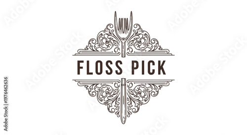 Vintage Engraved Floss Pick Logo Design with Ornate Flourishes