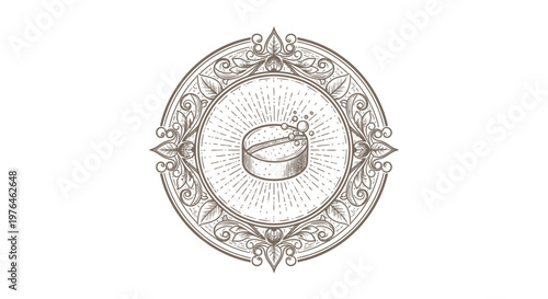 Vintage Engraved Pill Emblem with Sunburst Rays
