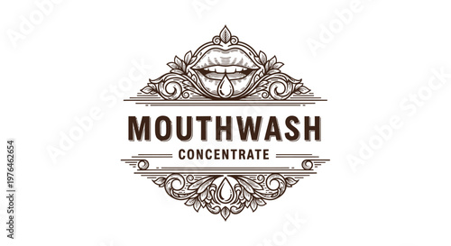 Vintage Mouthwash Concentrate Logo with Ornate Swirls and Lips