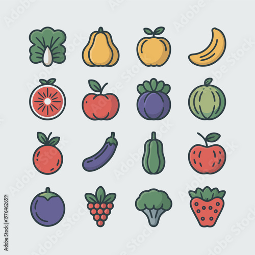 Variety Of Colorful Fruits And Vegetables Icon Set
