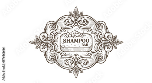 Vintage Shampoo Bar Logo with Ornate Frame and Bubbles
