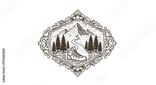 Vintage Engraved Mountain Hiking Boot Emblem with Trees and Path