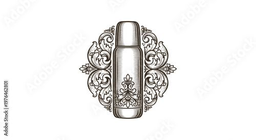 Vintage Engraved Thermos Bottle with Ornate Flourish Emblem