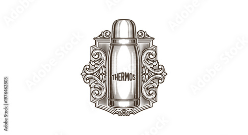 Vintage Thermos Flask Emblem, Retro Engraved Bottle Design