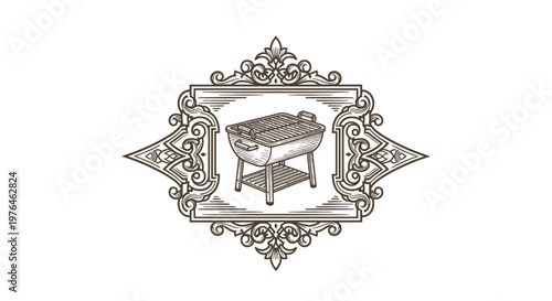 Vintage Engraved Barbecue Grill Emblem - Retro BBQ Illustration