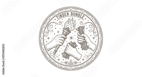 Vintage Tinder Bundle Emblem with Hands Holding Torch and Kindling